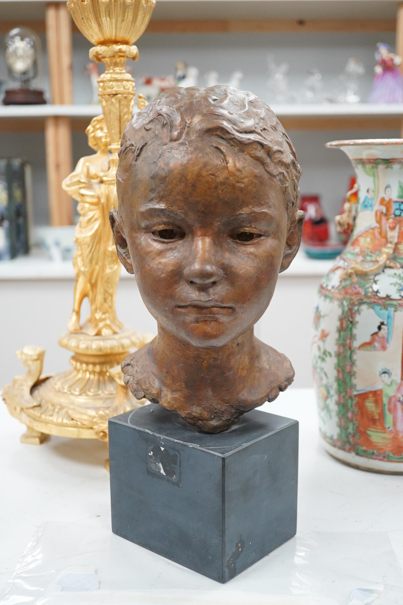 Bernard Sindall (1924-1998), a bronze head of 'Vanina', on slate plinth base, with accompanying letter to the purchaser from the artist, height 38cm (overall). Condition - wear to base, otherwise good